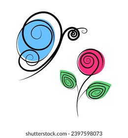 Stylized rose and butterfly with spots in trendy marker shades. Spring greeting card design concept