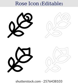 stylized rose designs with stems and leaves. digital rose illustrations with varied outlines. editable rose icons. 
