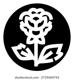 Gráfico estilizado de flores de rosa que crea un símbolo decorativo o logotipo con un elemento de diseño moderno, simple y elegante sobre un fondo circular negro sólido