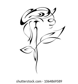 stylized rose flower with leaves in smooth black lines on a white background