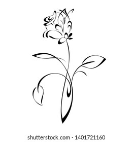 stylized rose flower on stem with leaves in black lines on white background