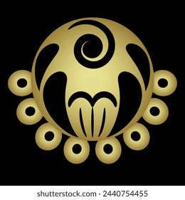 Stylized rose flower. Rosebud logo. Folk style. Merry cute floral design. Black and gold glossy silhouette.