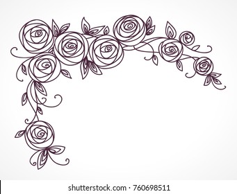 Stylized rose flowers bouquet. Branch of flowers and leaves interlacing. Corner horizontal decorative composition.