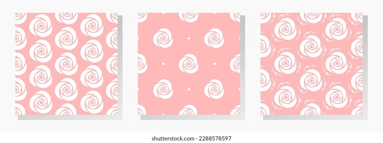 Stylized rose flowers. Vector seamless patterns collection in pink and white colors. Best for textile, print, wrapping paper, package and festive decoration.