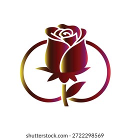 A stylized rose graphic with a gradient of vibrant colors, set against a white background, featuring a circular design element and bold lines