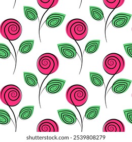 Stylized rose on stem with leaves Seamless Pattern in trendy marker green and pink. Spring backdrop