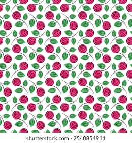 Stylized rose Seamless Pattern in trendy marker green and pink. Springtime floral background concept