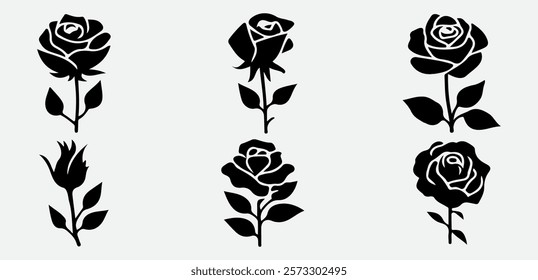 Stylized Rose Silhouette with Graceful Leaves and Stem, Perfect for Romantic Themes