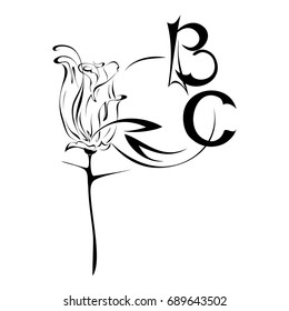 stylized rose with spines and letters B and C in black lines on a white background
