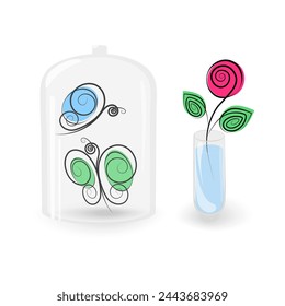 Stylized rose in transparent container with water and 2 butterflies under glass lid. Set of 2 parts