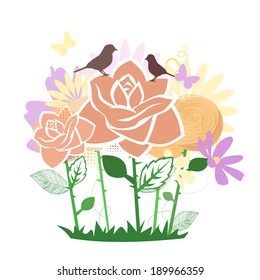 Stylized roses with birds flowerbed. Vector 