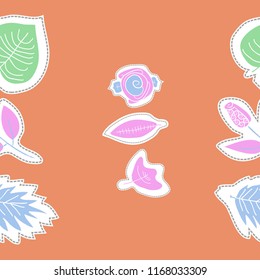 Stylized roses, flowers, leaves, dashed lines, labels  seamless pattern . Hand drawn.