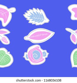 Stylized roses, flowers, leaves, dashed lines, labels seamless  pattern . Hand drawn.