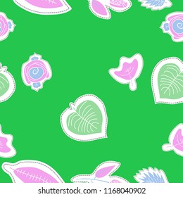 Stylized roses, flowers, leaves, dashed lines, labels  seamless pattern . Hand drawn.