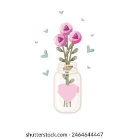 Stylized roses in the jar. Bouquet of three pink roses in the glass jar with heart sticker. Flat style vector illustration, white background.