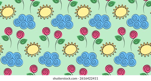Stylized Roses on stem, Cloud and Sun Seamless Pattern on soft green Springtime Background Texture