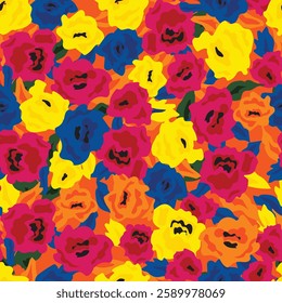 stylized Roses, Peonies Seamless ruffled petals and clustered flowers. Illustration by hand for Wallpaper, Print, Fabric, Textile. red, yellow, blue, and orange summer Background, vibrant bold 