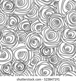 Stylized roses seamless pattern, black outlines on white.  Vector background.