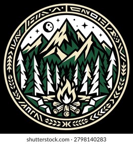 A stylized round badge featuring snow capped mountains a pine forest a glowing campfire and a starry night sky with a moon in a vintage outdoor adventure style