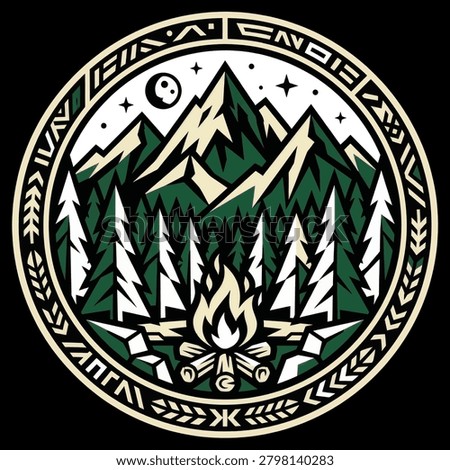 A stylized round badge featuring snow capped mountains a pine forest a glowing campfire and a starry night sky with a moon in a vintage outdoor adventure style