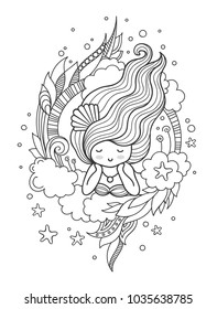 Stylized round composition with cute  dreamy girl. Page for coloring book, greeting card, print, t-shirt, poster. Hand-drawn vector illustration.