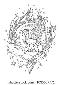 Stylized round composition with dreamy lying mermaid. Page for coloring book, greeting card, print, t-shirt, poster. Hand-drawn vector illustration.