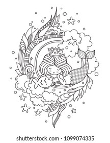 Stylized round composition with dreamy lying mermaid. Page for coloring book, greeting card, print, t-shirt, poster. Hand-drawn vector illustration.