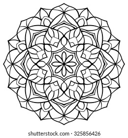 Stylized round element of medieval ornament. Sketch of tattoo. Vector mandala. Template Round element of stained glass.