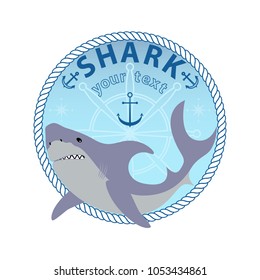 Stylized round emblem of a large sea shark on a blue background simulating the sea