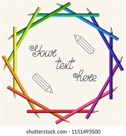 Stylized Round Frame of Colored Pencils on Checkered Paper. Design Elements of School Supplies for Text.