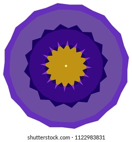 Stylized round geometric background made of purple and golden polygons.