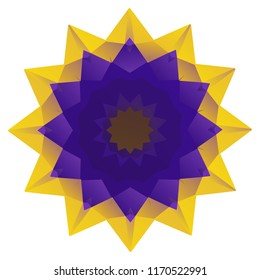 Stylized round geometric background made of purple and golden polygons.