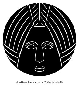 Stylized round human female face in a circle. Ancient Roman ethnic motif. Black and white negative silhouette.