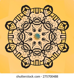 Stylized round lace design. Indian mandala arabic motif. Chakra karma yantra look. Perfect for any kind of design, kaleidoscope, medallion, karma, yoga, arabic lace over pink triangles background