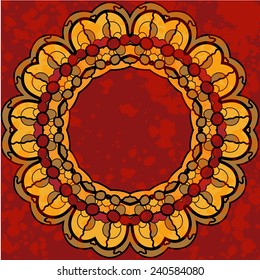 Stylized round mandala frame for text on watercolor abstract background, design element, a lot of copyspace. Stylized oriental flower with copyspace in the center in brown and yellow color. 