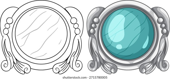 Espejo redondo estilizado con marco intrincado, versiones de color y contorno, estilo de Vector de dibujos animados