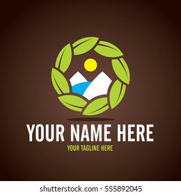Stylized round shape graphic logo template, vector illustration isolated on white background. Creative logotype template with round foliage, environment, nature, growth concept.