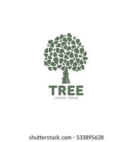 Stylized round shaped green oak tree logo template, vector illustration isolated on white background. Oak tree logotype template with round foliage and big trunk, growth, development, origin concept