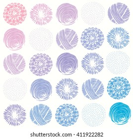 Stylized round stamps balls of yarn and buboes, knitting samples. On a white background.