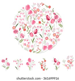 Stylized round template with cute bunches of tulips. Floral spring pattern for romantic and easter design, wedding announcements, greeting cards, posters, advertisement.