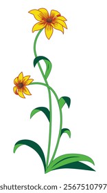 Stylized rudbeckia in ornamental style. Flowers of coneflower or black-eyed-susans. Decorative corner. Colorful vector floral design element.