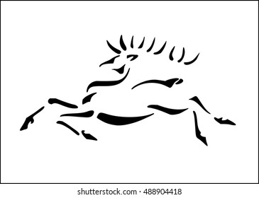 Stylized running deer. Drawn by black lines of variable width