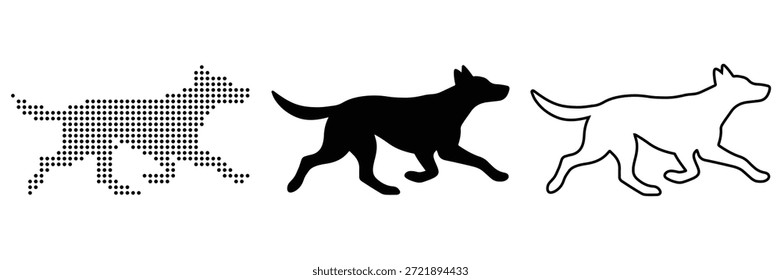 Ilustraciones estilizadas del perro que corre: modelo del punto, silueta sólida, y sistema del icono del contorno
