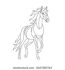 Stylized running horse in a line art style, for a coloring book page or a logo design symbolizing freedom and power, isolated on white background, vector illustration.