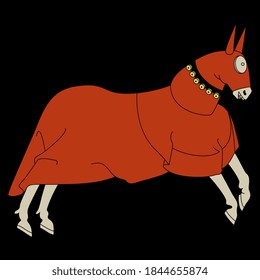 Stylized running medieval horse in red tournament coat.