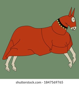 Stylized running medieval horse in red tournament coat.