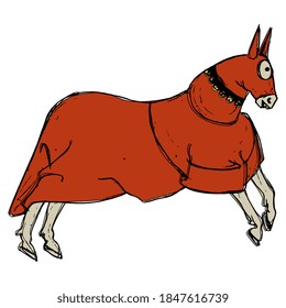 Stylized running medieval horse in red tournament coat. 