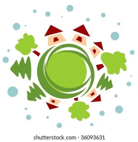 Stylized rural houses and different green trees.