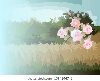Stylized rural landscape with trees, rose bush and field. Summer day. Design element. Template packaging, place for text. Romantic background. English garden. Grunge background.