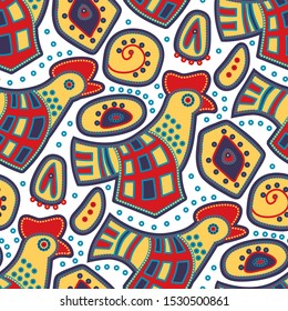 Stylized Russian fairy tales birds - seamless pattern